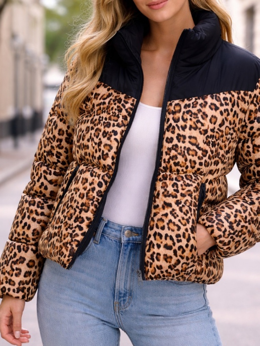 ASOS Leopard &  Black Panel Puffer Quilted Animal Print Jacket L NWOT - Picture 2 of 13